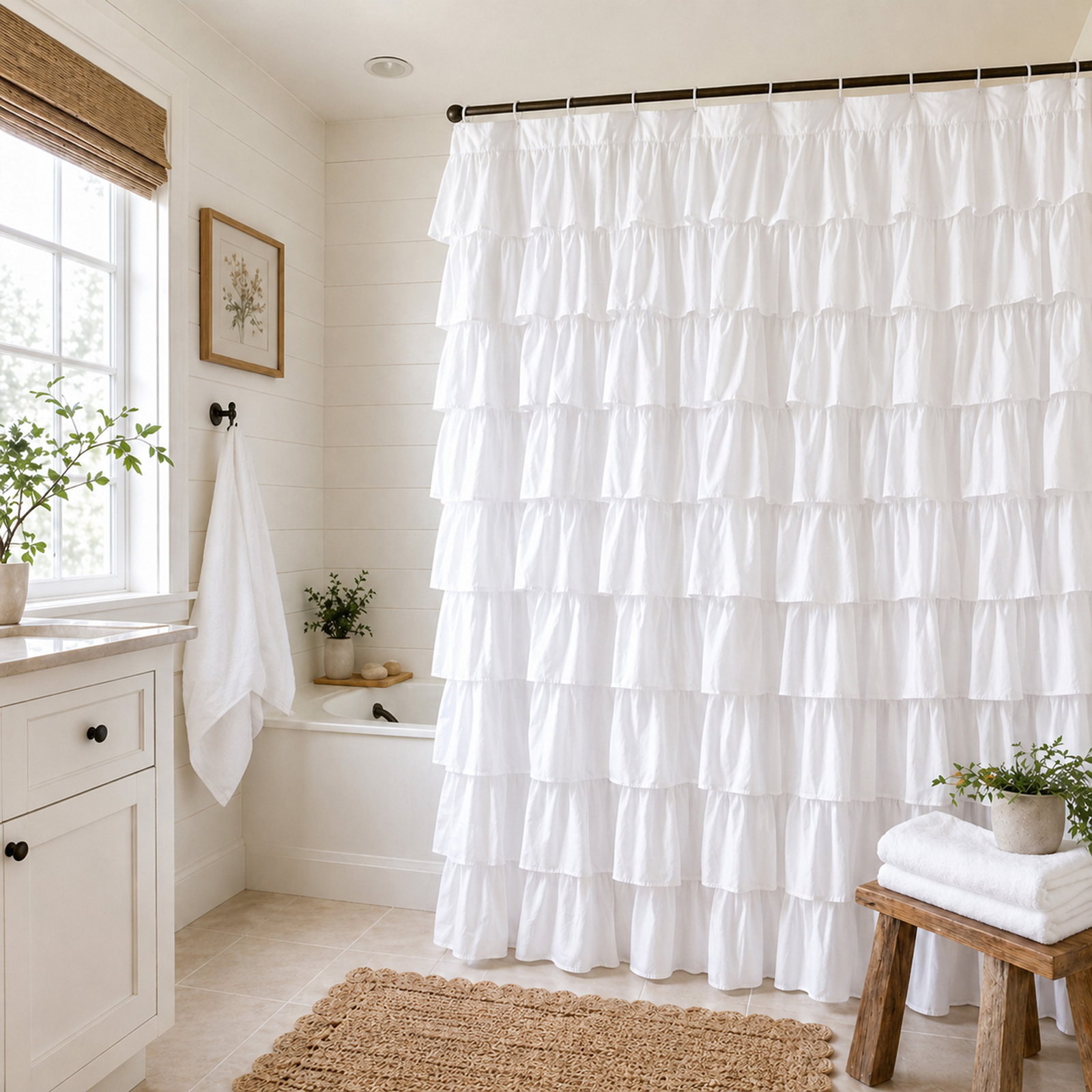 WestWeir White Ruffle Shower Curtain, 72 x 72 inches